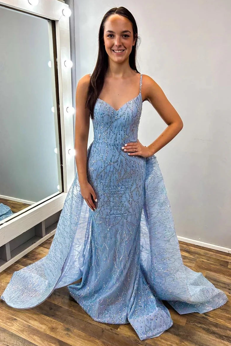 Vestido de fiesta largo con escote en V y encaje de lentejuelas y cola